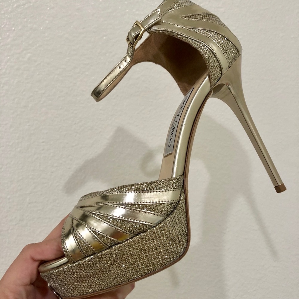Jimmy Choo Gold Metallic Leather Platform Sandal Heels - Picture 7 of 9